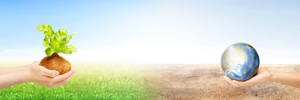 Two human hands holding young plant in the pots with green grass and earth planet on the dry land with blue sky background. Earth day concept