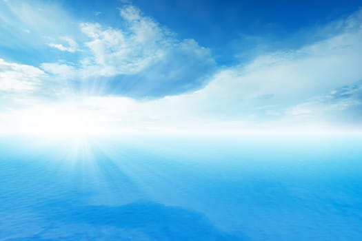 Blue ocean and cloudscapes on blue sky with sunlight background