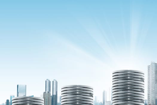 Stack of silver coins with stairs pattern over skyscrapers background