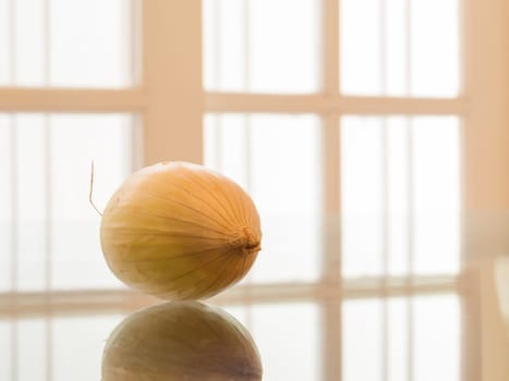 A ripe and whole onion reflected, with white background grilled.