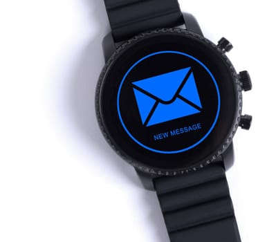 Black smartwatch isolated on a white background, new message