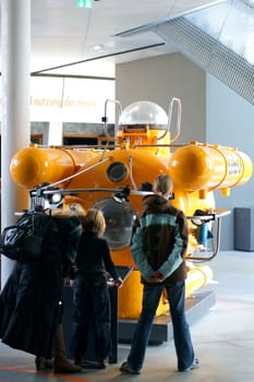 Stralsund, Germany - April 05, 2013: Visitors to the Maritime Museum visit a marine research submarine on April 5, 2013 in Stralsund..