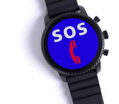 Black smartwatch isolated on a white background, SOS