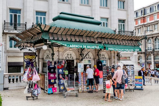 View of the iconic old kiosk built in masonry and with a dome in rhomboid shape located at the southern end of the Restauradores Square in downton Lisbon, Portugal