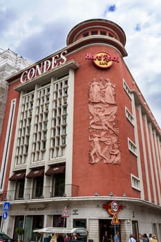 Facade of the iconic Condes movie theatre, built in 1950-52 in Art Deco architecture with carved reliefs, in Lisbon, Portugal