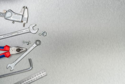 Tools on a metal background with copy space