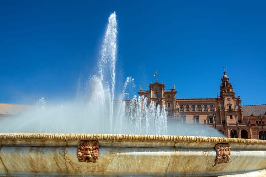 Details of the fountain in the Plaza de Espana in historic Seville, Spain