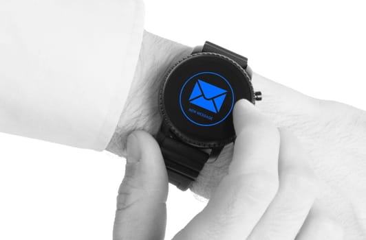 Black smartwatch isolated on a white background, new message