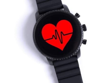 Black smartwatch isolated on a white background, heartbeat