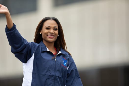 Indianapolis, Indiana, USA - September 22, 2018: The Circle City Classic Parade, African american cheerleader from Howard University Bison Cheerleading walking down the street parade