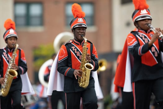 Indianapolis, Indiana, USA - September 22, 2018: The Circle City Classic Parade, The Benton Harbor High Shcool Tiger Marching Band from Michigan performing during the parade