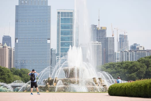 Chicago's Skyline view from Grant Park with Buckingham Fountain in the foreground