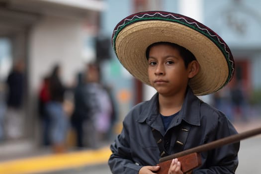 Matamoros, Tamaulipas, Mexico - November 20, 2018: The November 20 Parade, Young Boy wearing traditional mexican clothing holding a toy rifle during the parade