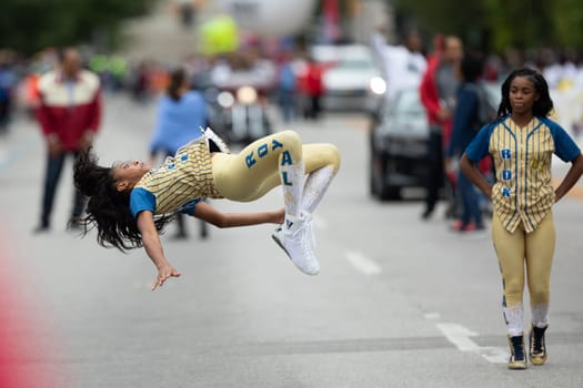 Indianapolis, Indiana, USA - September 22, 2018: The Circle City Classic Parade, Girls members of Royal Dystruxion Dance Team, dancing during the parade