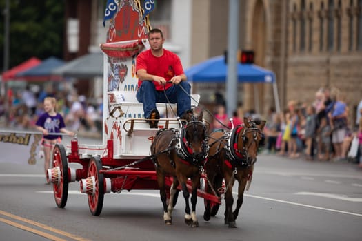 Peru, Indiana, USA - July 21, 2018 A man riding a carriage being pulled by two little horses at the Circus City Festival Parade