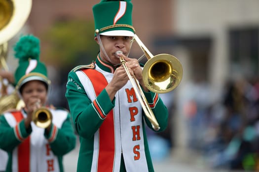 Indianapolis, Indiana, USA - September 22, 2018: The Circle City Classic Parade, Members of the Morgan Park High School Marching band from Chicago Illinois Home of the Mustangs