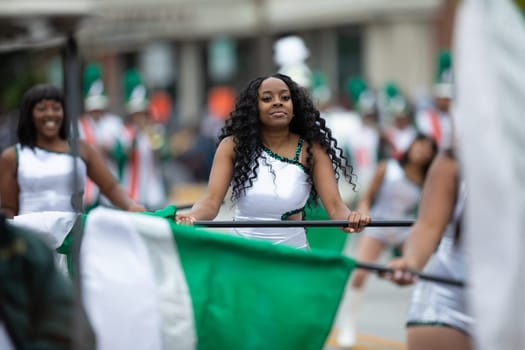 Indianapolis, Indiana, USA - September 22, 2018: The Circle City Classic Parade, Members of the Morgan Park High School Marching band from Chicago Illinois Home of the Mustangs