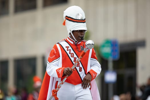 Indianapolis, Indiana, USA - September 22, 2018: The Circle City Classic Parade, The Benton Harbor High Shcool Tiger Marching Band from Michigan performing during the parade