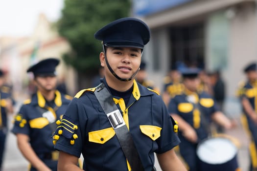 Matamoros, Tamaulipas, Mexico - November 20, 2018: The November 20 Parade, Marching Band with military Style uniform performing at the parade