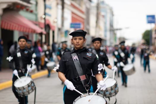 Matamoros, Tamaulipas, Mexico - November 20, 2018: The November 20 Parade, Marching Band with military Style uniform performing at the parade