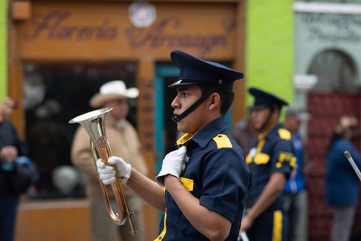 Matamoros, Tamaulipas, Mexico - November 20, 2018: The November 20 Parade, Marching Band with military Style uniform performing at the parade