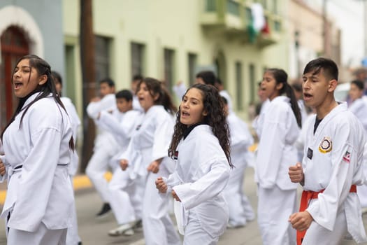 Matamoros, Tamaulipas, Mexico - November 20, 2018: The November 20 Parade, Young men and women practicing martial arts during the parade
