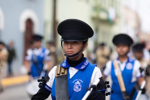 Matamoros, Tamaulipas, Mexico - November 20, 2018: The November 20 Parade, Marching Band with military Style uniform performing at the parade