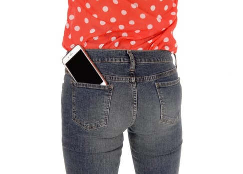The butt of a woman standing from the back in jeans with a cell phone.in her back pocket and a red blouse, isolated for white background.
