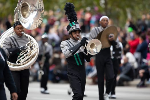 Houston, Texas, USA - November 22, 2018 The H-E-B Thanksgiving Day Parade, Members of the Hightower High School Marching Hurricanes Band, performing at the parade