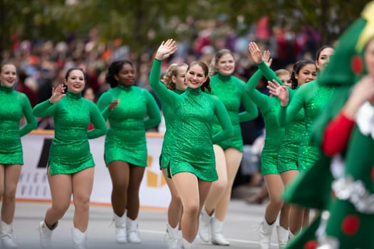 Houston, Texas, USA - November 22, 2018 The H-E-B Thanksgiving Day Parade, The Brahmadoras from Bellville High School dance group, dancing at the parade