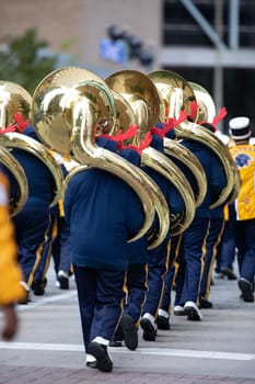 Houston, Texas, USA - November 22, 2018 The H-E-B Thanksgiving Day Parade, Members of the Prairie View A&M University Marching Storm, perform during the parade