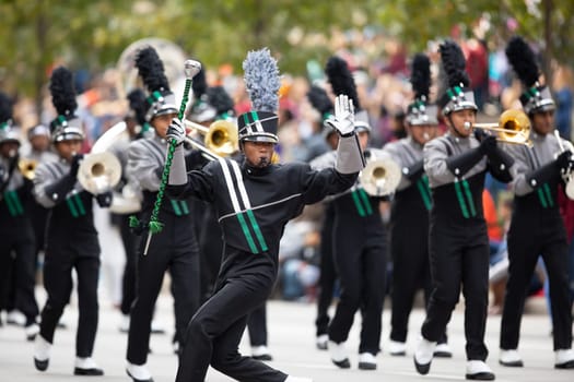 Houston, Texas, USA - November 22, 2018 The H-E-B Thanksgiving Day Parade, Members of the Hightower High School Marching Hurricanes Band, performing at the parade