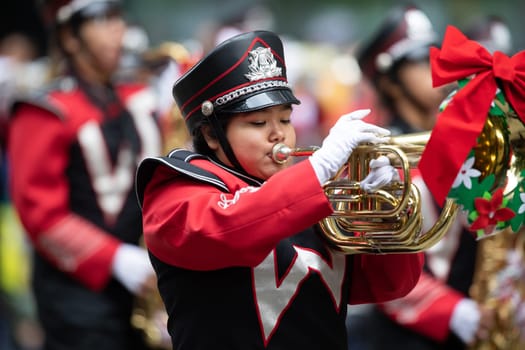 Houston, Texas, USA - November 22, 2018 The H-E-B Thanksgiving Day Parade, Waltrip High School, Marching band Performing at the parade