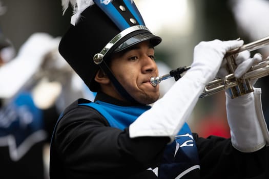 Houston, Texas, USA - November 22, 2018 The H-E-B Thanksgiving Day Parade, Members of the Aldine Mighty Mustang Marching Band, performing at the parade