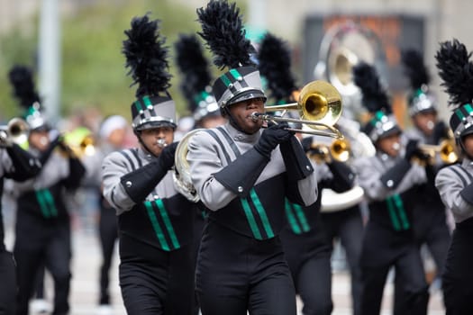 Houston, Texas, USA - November 22, 2018 The H-E-B Thanksgiving Day Parade, Members of the Hightower High School Marching Hurricanes Band, performing at the parade