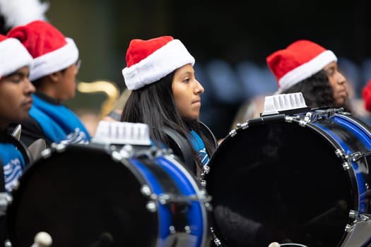 Houston, Texas, USA - November 22, 2018 The H-E-B Thanksgiving Day Parade, Members of the Aldine Mighty Mustang Marching Band, performing at the parade