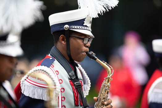 Houston, Texas, USA - November 22, 2018 The H-E-B Thanksgiving Day Parade, Members of the  Westbury High School Marching band performing at the parade