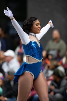 Houston, Texas, USA - November 22, 2018 The H-E-B Thanksgiving Day Parade, Cheerleader from Westbury High School, dancing at the parade
