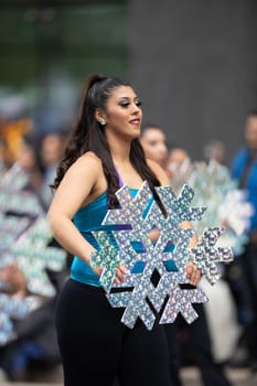 Houston, Texas, USA - November 22, 2018 The H-E-B Thanksgiving Day Parade, Members of the Aldine Mighty Mustang Marching Band, performing at the parade