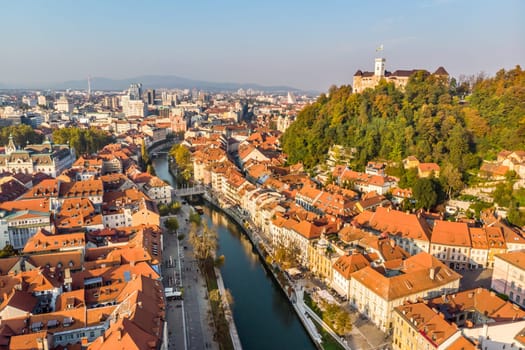 Aerial panoramic view of Ljubljana, capital of Slovenia in warm afternoon sun.