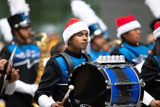 Houston, Texas, USA - November 22, 2018 The H-E-B Thanksgiving Day Parade, Members of the Aldine Mighty Mustang Marching Band, performing at the parade