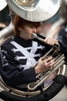 Houston, Texas, USA - November 22, 2018 The H-E-B Thanksgiving Day Parade, The Kingwood Mighty Mustang Marching Band performing at the parade