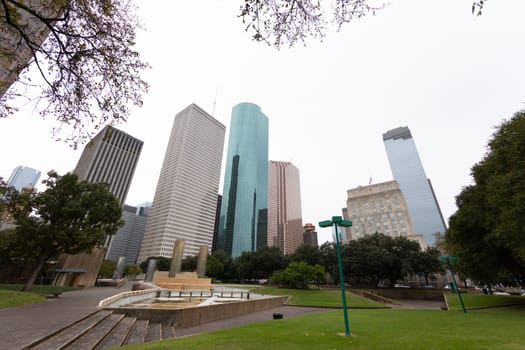 Houston Skyline as seen from Tranquillity Park with wide-angle lens