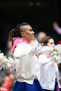 Houston, Texas, USA - November 22, 2018 The H-E-B Thanksgiving Day Parade, Members of the Spring High School Starlettes dance group performing at the parade