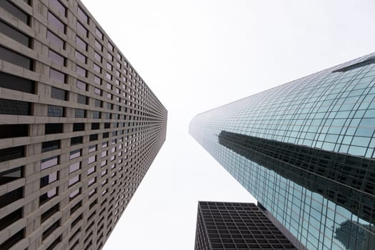 Houston Skyscrapers as seen from the sidewalk with a wide-angle lens