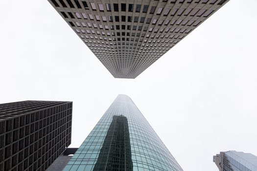 Houston Skyscrapers as seen from the sidewalk with a wide-angle lens