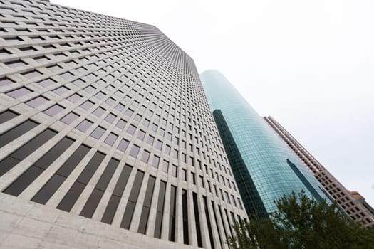 Houston Skyscrapers as seen from the sidewalk with a wide-angle lens