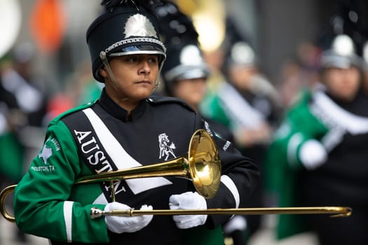 Houston, Texas, USA - November 22, 2018 The H-E-B Thanksgiving Day Parade, Members of the Stephen F. Austin High School marching band performing at the parade