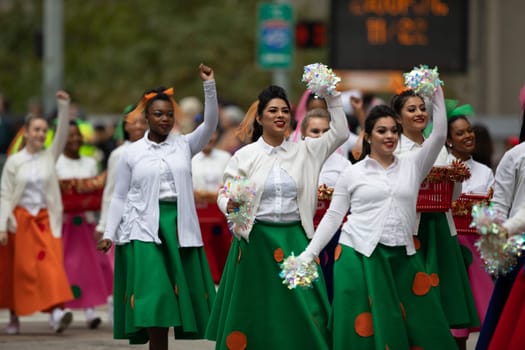 Houston, Texas, USA - November 22, 2018 The H-E-B Thanksgiving Day Parade, Members of the Spring High School Starlettes dance group performing at the parade