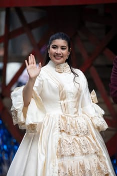 Houston, Texas, USA - November 22, 2018 The H-E-B Thanksgiving Day Parade, Man and woman wearing traditional American clothing
